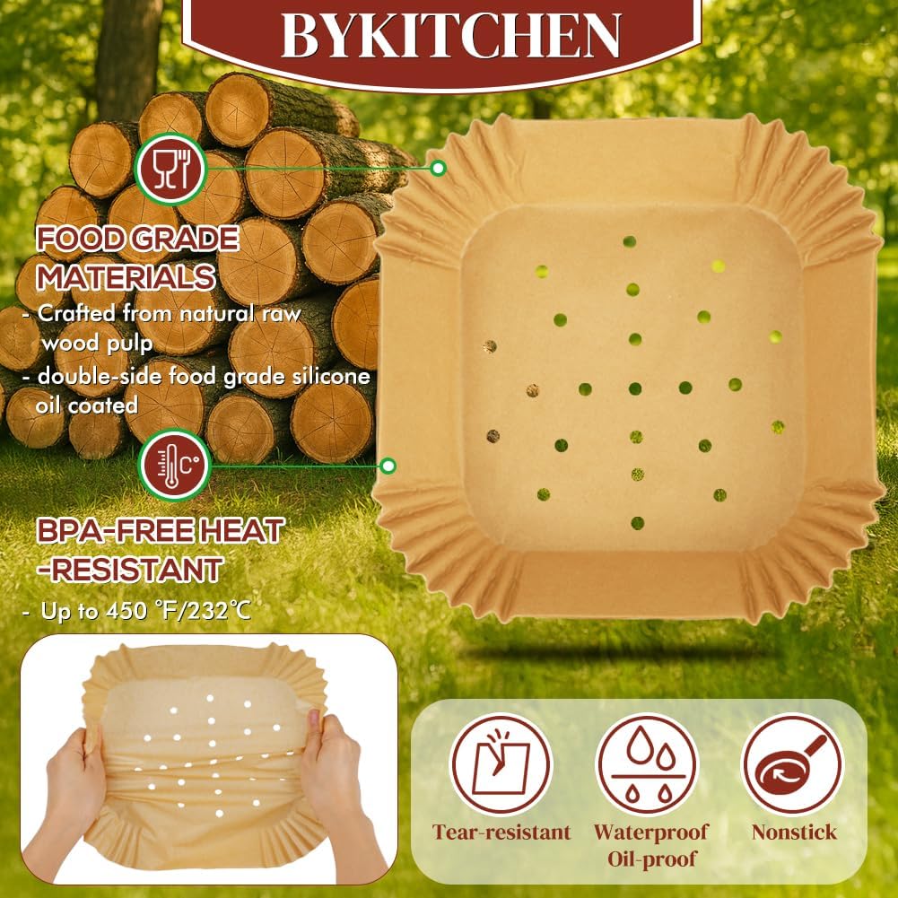 BYKITCHEN 300PCS Perforated Air Fryer Disposable Paper Liners for Ninja AF141 5 QT Pro AF181 6.5QT, Chefman 6 QT &Other 5 to 8Qt Airfryer, 8in Square Air Fryer Parchment Paper, Airfryer Accessories