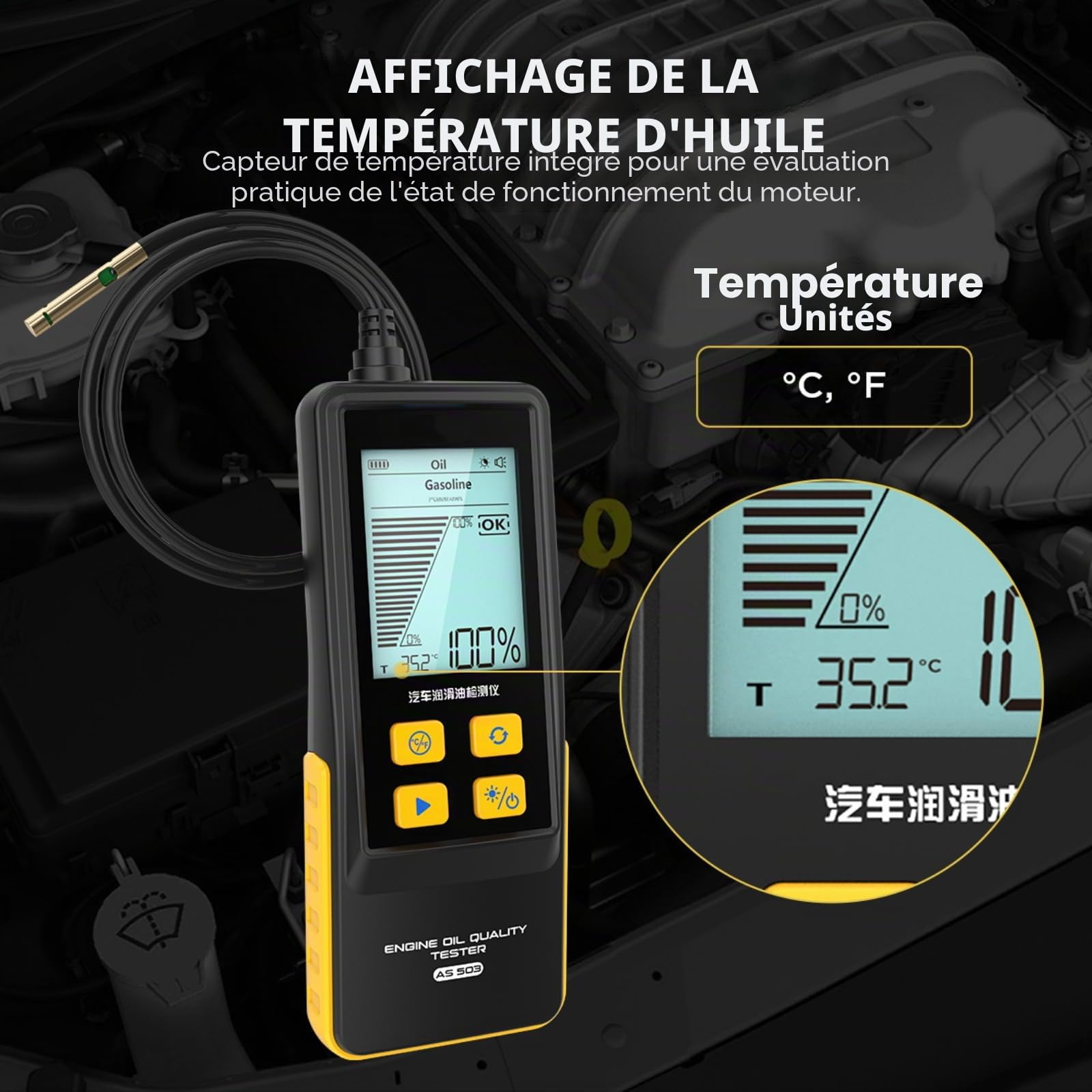 Testeur de qualité d'huile Moteur AS503 Testeur d'huile Moteur pour véhicules Essence Diesel avec sonde de détection de Haute précision, Affichage de la température de l'huile de Transmission