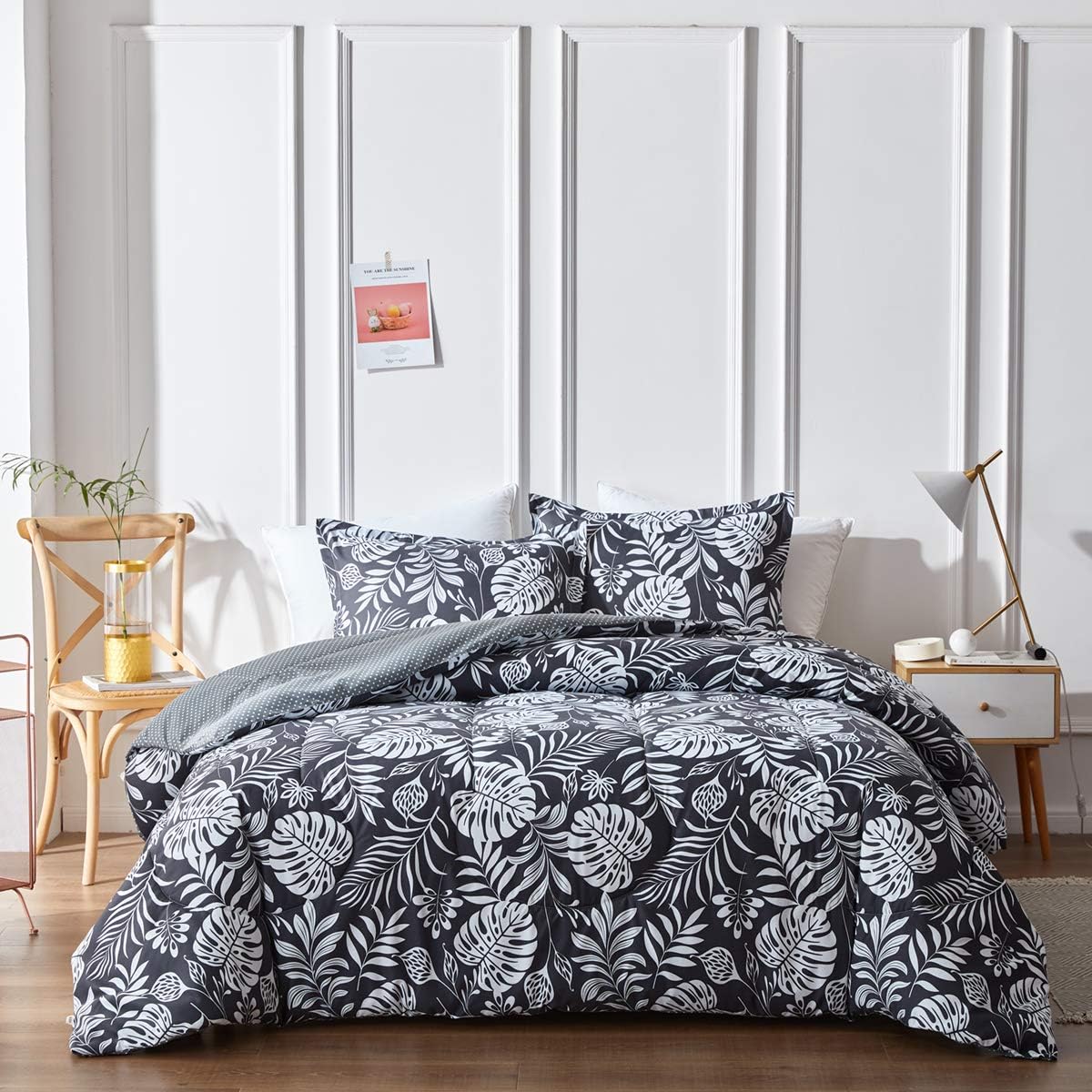 UOZZI BEDDING Comforter Set King 100x88 Size Dark Gray Leaves Print Reversible Down Alternative 800 TC Adult Teen Summer Duvet Sets 1 Summer Microfiber Comforter with 2 Pillow Shams