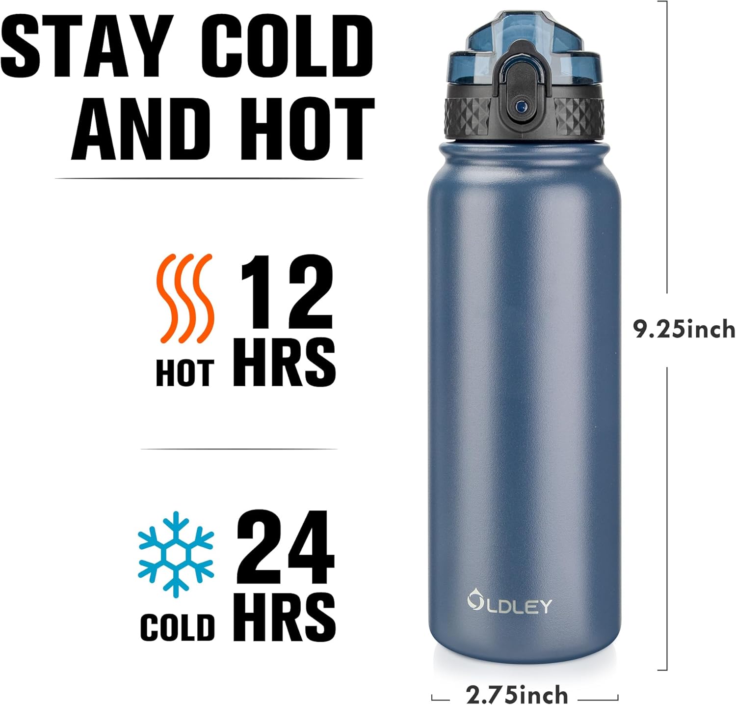 Oldley Insulated Water Bottle 20oz Water Bottles with Straw, Stainless Steel Water Bottle with 3 Lids, Double Wall Vacuum Bottels for Adults Kids,Leak-Proof Sport Bottles for School Travel, Navy Blue - Image 3