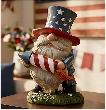 Patriotic 4th of July Gnome Decor, Uncle Sam Gnome Statue Holding Firework, Independence Day Resin Figurine, Small Home Tabletop Tiered Tray Decoration, 4.3 Inch