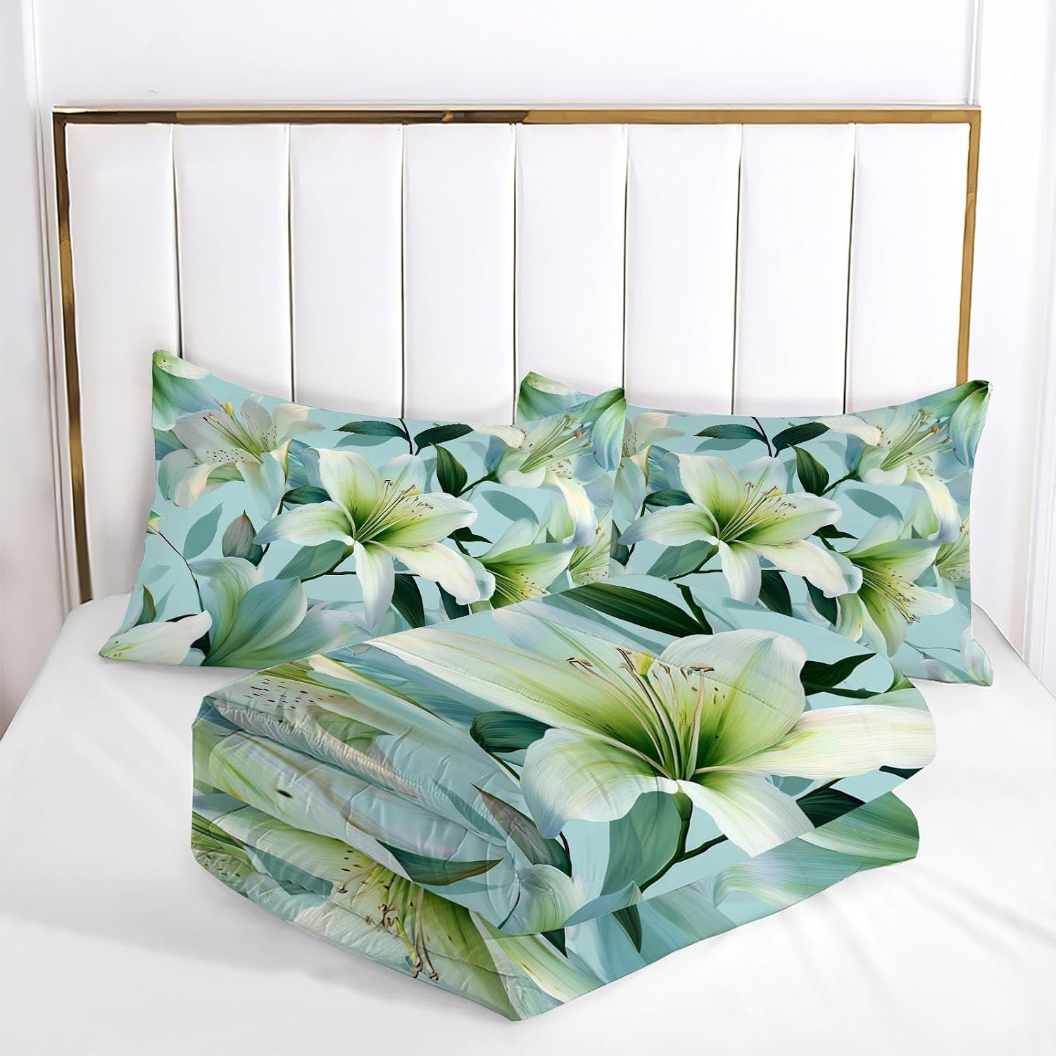 Countryside Flowers Comforter Set Full Size, Lily Flower Plant Bedding Set for Teens Adults Room, Light Blue Soft 80" x 90" Quilt with 2 Pillow Cases, Lightweight Light Blue Quilt for All Season