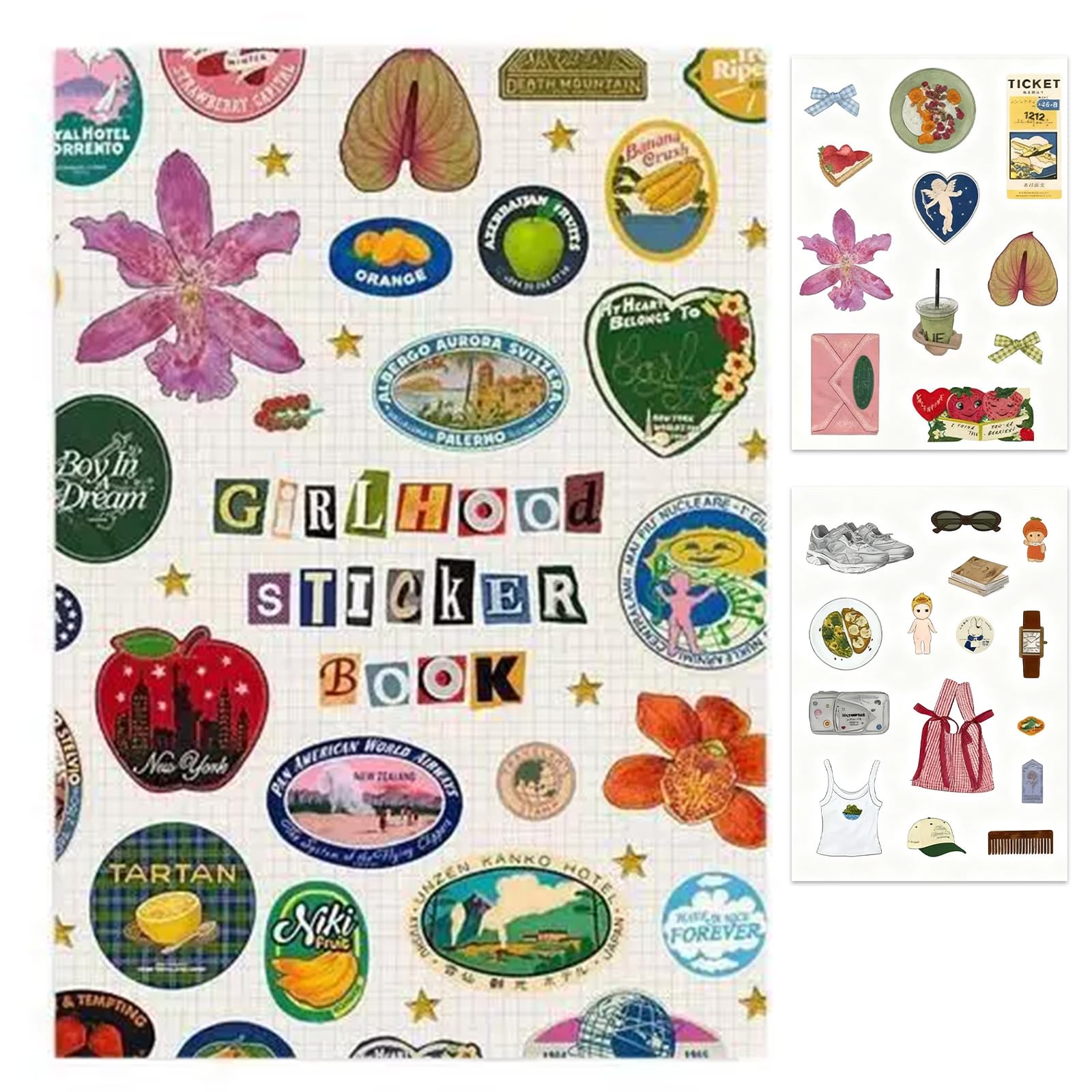 Girlhood Sticker Book, Fruity Icons & Pastel Letters Tickets with Multicolor Designs, 1000+ Retro Aesthetic Stickers, Decoration for DIY Scrapbooking and Journaling