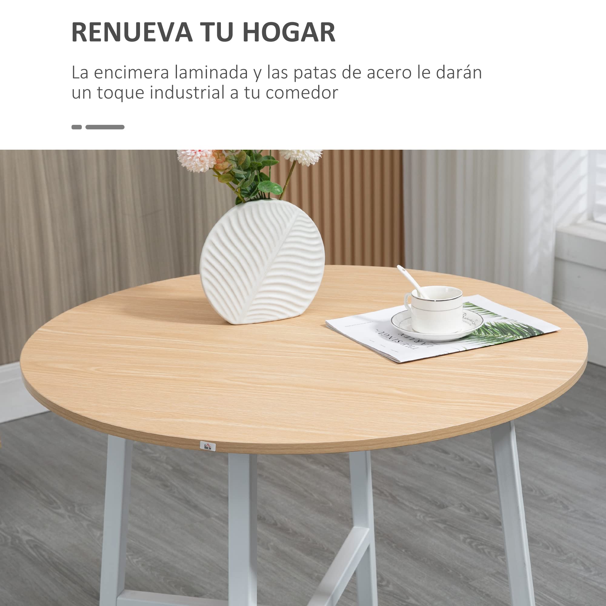 HOMCOM Mesa de Comedor Redonda 4 Personas Ø80x76 cm Natural y Blanco | Mesa de Cocina, Patas de Acero, Salón, Oficina