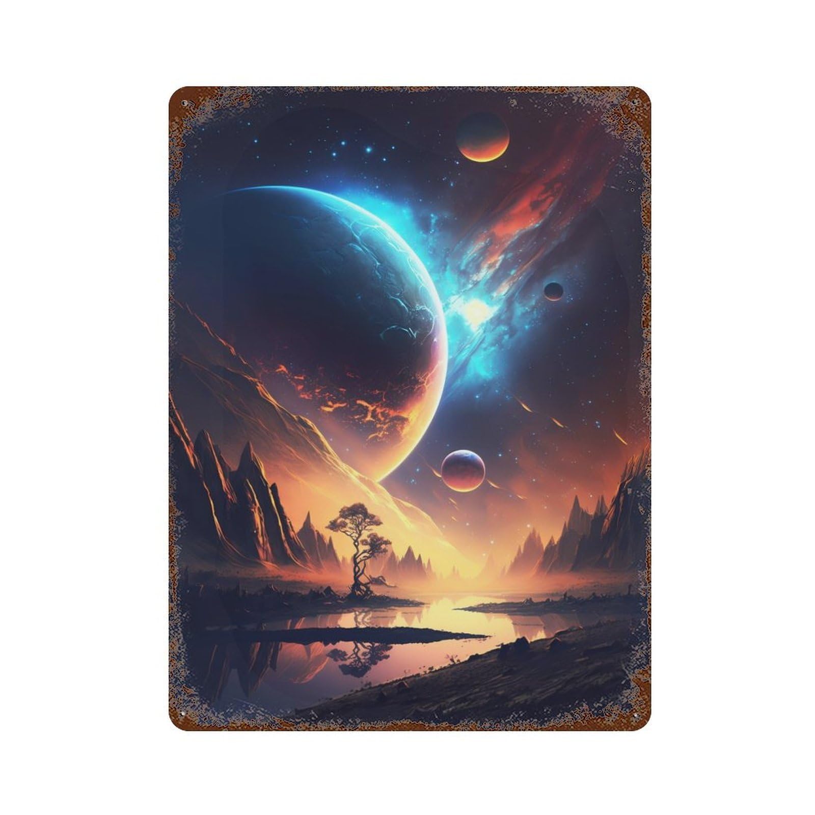 Lake Of Planet Landscape 15.7"x11.8" Rust Effect Tin Sign, Vintage Wall Decor for Farmhouse, Kitchen And Entryway Decor