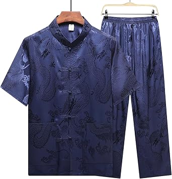 Men Chinese Tang Suit Ice Silk Dragon Loungewear Tai Chi Set