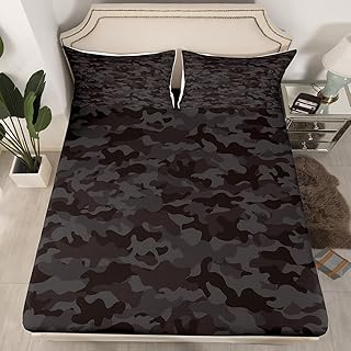 Erosebridal Black Grey Camo Fitted Sheet, Camouflage Bedding Set Full Size for Kids Boys Teens Youth Bedroom, Abstract Campaign Camo Bed Sheets Soft Microfiber Fitted Bed Sheets with 2 Pillow Casesâ€¦
