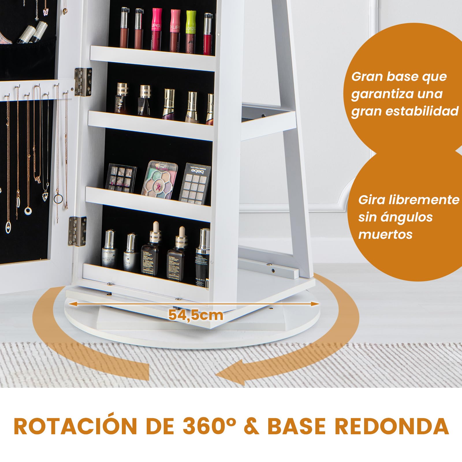 COSTWAY Armario Giratorio 360° para Joyas con Espejo y Luces LED de 3 Colores Bloqueable, Armario Espejo de Joyas con Estantes de Almacenamiento, Estante Plegable (Blanco)