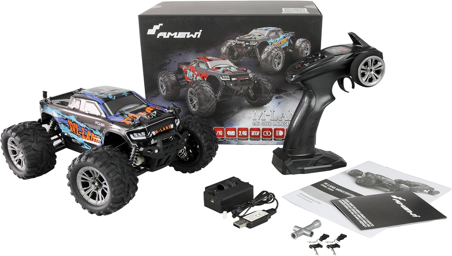 Amewi M-Land Monster Truck, RC Remote Controlled, 48 km/h 4WD 1:16 RTR Blue with Remote Control, Battery, Charging Cable