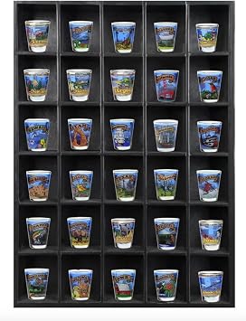 Tasse Verre 30 Shot Glass Shelf Display Case 2-Pack - Large Wooden Collectibles Rack - Wall Mounted Black Bar Shadow Box Minifigure Storage, 16.7x12.2