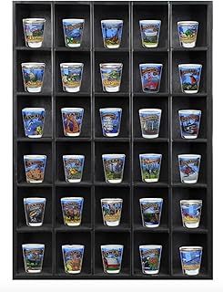 Tasse Verre 30 Shot Glass Shelf Display Case (1-Pack) - Large Wooden Collectibles Rack - Wall Mounted Black Bar Shadow Box Minifigure Storage, 16.7x12.2”