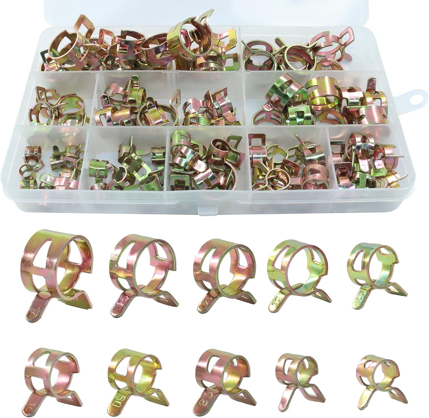 100Pcs Spring Band Hose Clamps, Durable Vacuum Hose Clamp, Fuel Line Clamp Set in 10 Sizes (6mm to 17mm) for Automotive Replacement Fastener