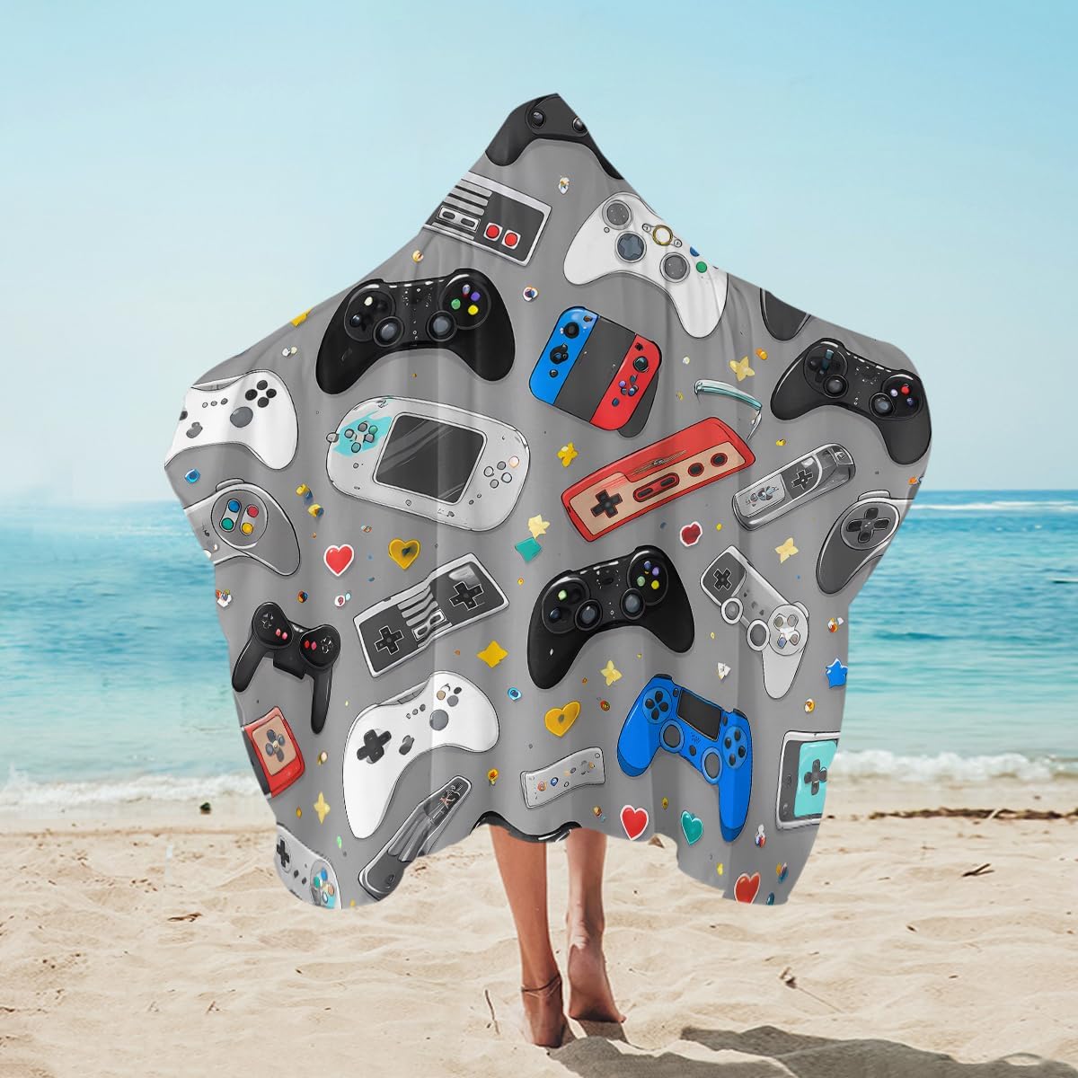 Sleepwish Kids Beach Towel for Boys Girls, Video Game Hooded Bath Towel Wrap, Teens Gaming Controller Pool Towel with Hood (Adults, 1 Piece)