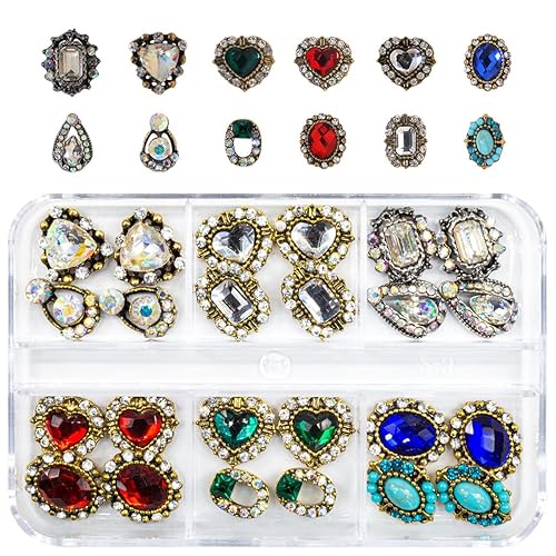 qiipii - 24 dijes de uñas dorados retro, 12 pares de gemas de uñas de aleación 3D, elegantes diamantes de imitación retro de corazón para uñas, qiipii - 24 dijes de uñas dorados retro, 12 pares de gemas de uñas de aleación 3D, elegantes diamantes de imitación retro de corazón para uñas,