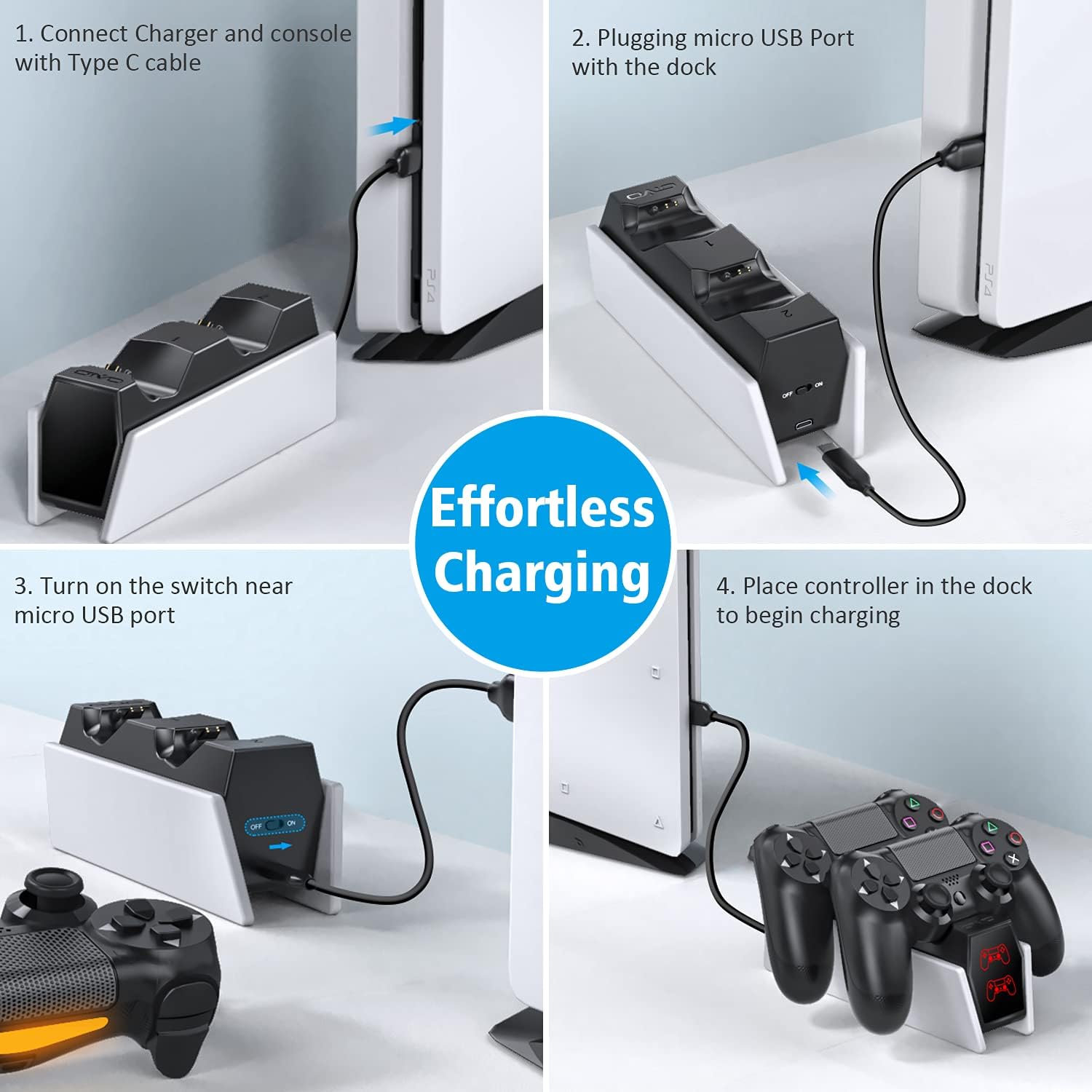 PS4 Controller Charger Station Dock，Playstation 4 Controller Charger Charging Station with USB-C Fast-Charging Port, OIVO PS4 Remote Charger Docking Stand for PS4/Slim/Pro Controller
