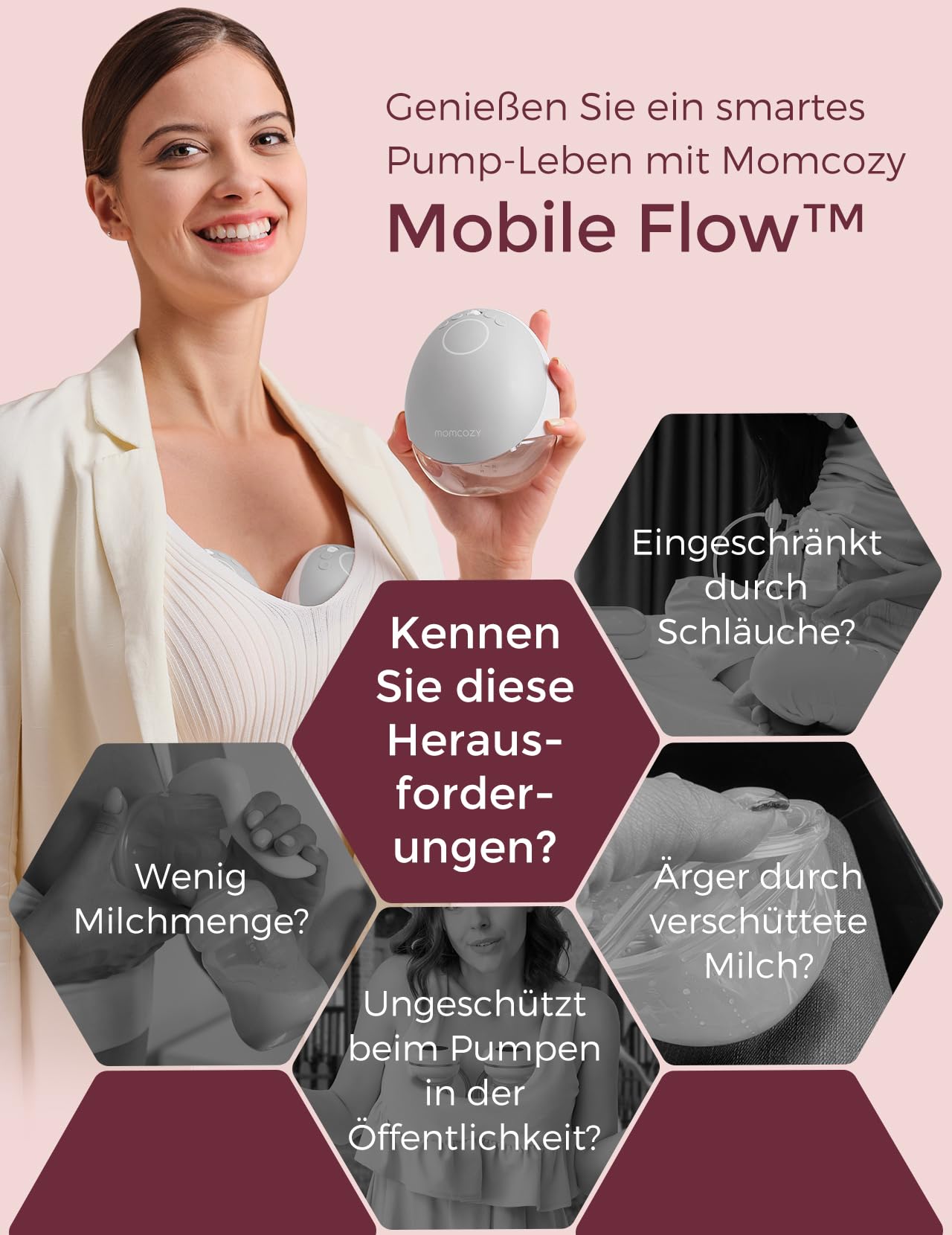 Momcozy M9 Mobile Flow Milchpumpe Elektrische handsfree 1 Pack Rot | App-Steuerung, Personalisierte Multi-Modi & 15 Stufen, Tragbare Pumpe, 24 mm Brusthaube 150 ml