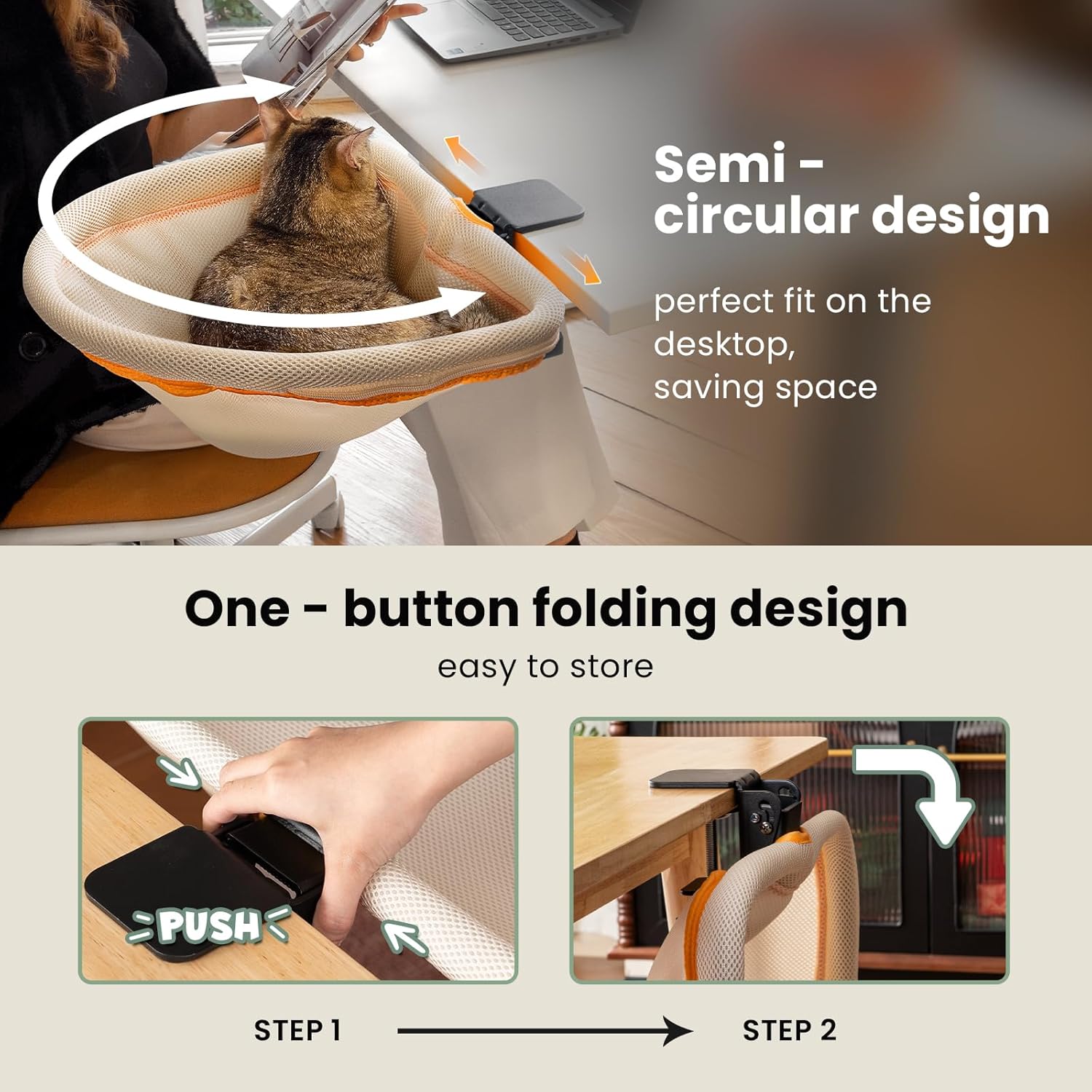 JUNSPOW Cat Desk Bed - One-Click Folding, Sunken Design & Space-Saving Semi-Circular Cat Bed, Mesh Cover Material, Suitable for Various Desktops-Maximum Hold Up to 40lb