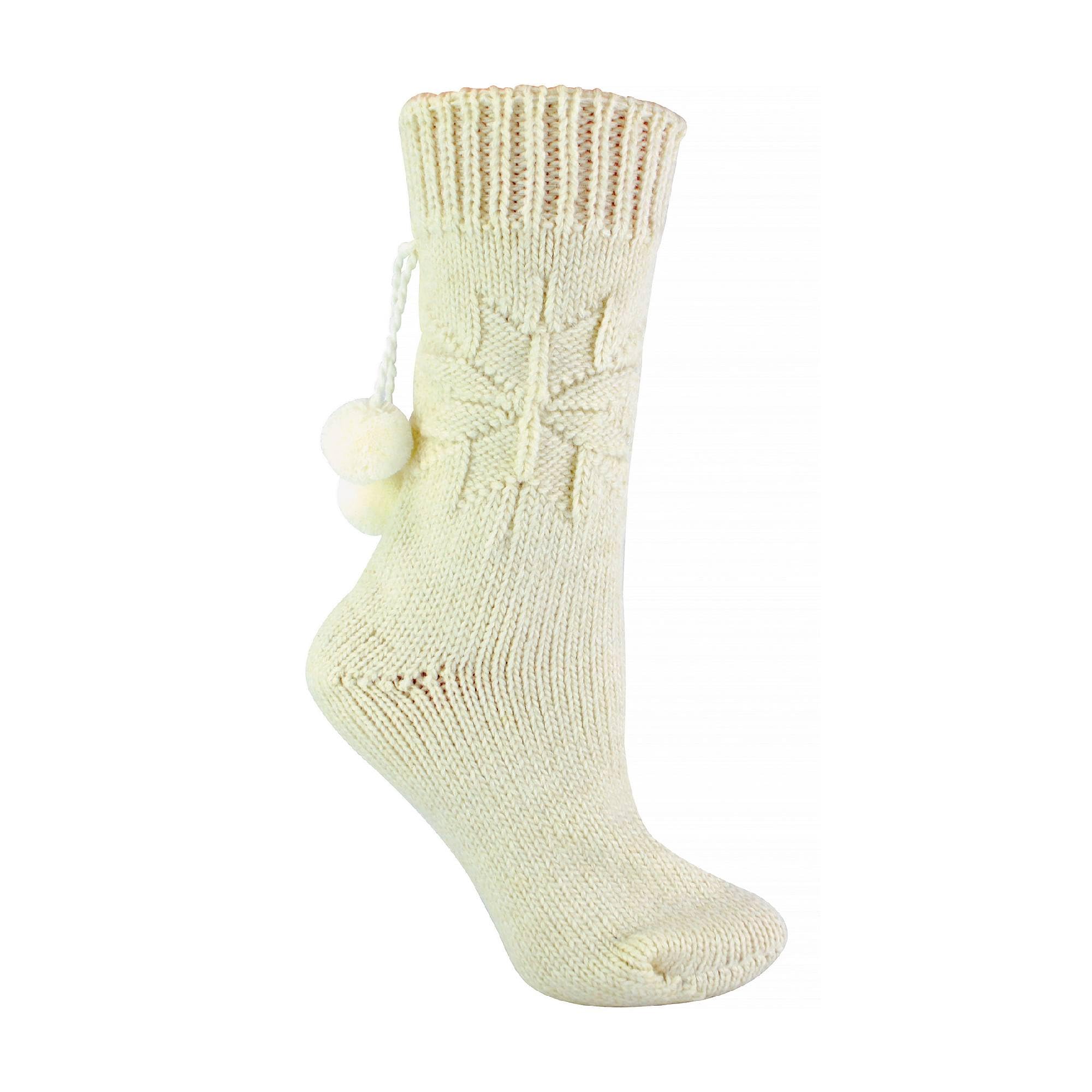 Sock Snob - Ladies Chunky Warm Soft Alpaca Wool Blend Pom Pom Bed Socks (4-8, Cream)