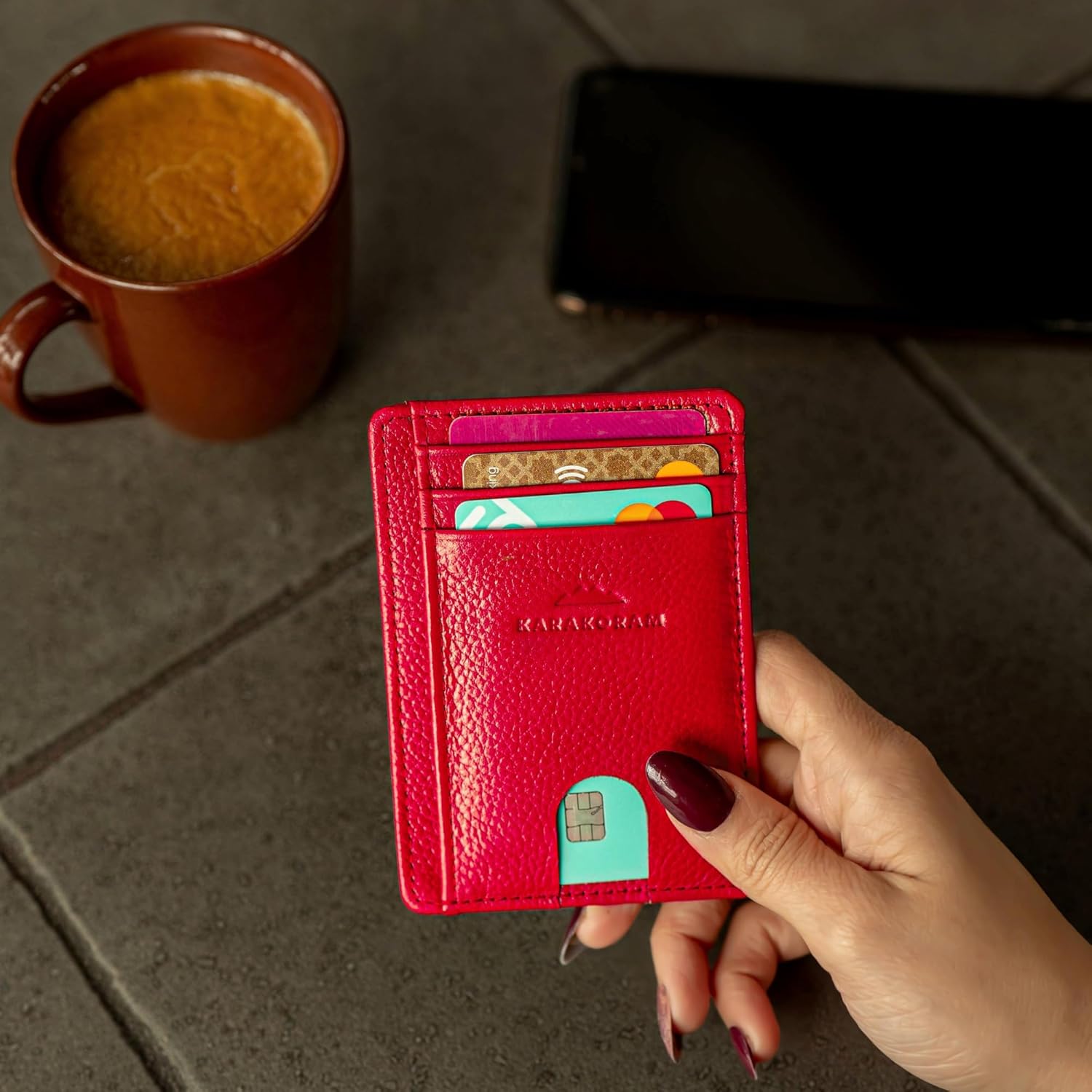 KARAKORAM LEATHER Handcrafted Front Pocket Credit Card Holder with RIFD Blocking | Premium Cowhide | Artisan Made Slim Leather Wallet | Quick Access Thumb Push Slots for Cards+ID (Summit Sunset Red) - Image 9