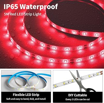 iNextStation Red LED Strip Lights 5M 12V SMD2835 300LEDs Waterproof | Cuttable Outdoor LED Tape Light Kit for Monitor Bedroom TV Backlight Bar Walls Shop Windows Ambient Lighting (With Plug) [Energy Class E]