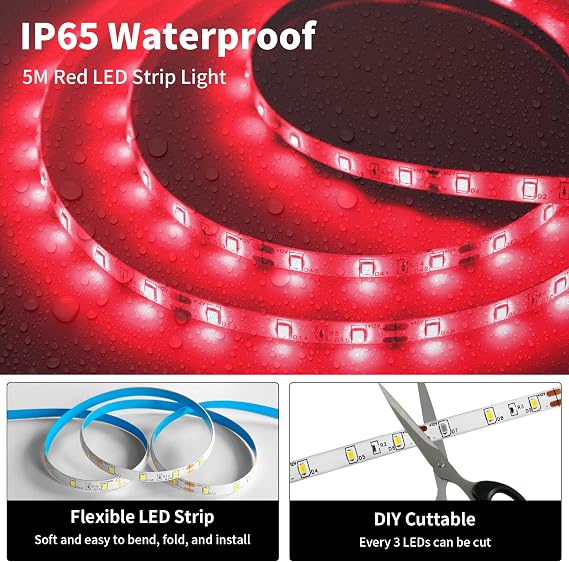 iNextStation Red LED Strip Lights 5M 12V SMD2835 300LEDs Waterproof | Cuttable Outdoor LED Tape Light Kit for Monitor Bedroom TV Backlight Bar Walls Shop Windows Ambient Lighting (With Plug) [Energy Class E]