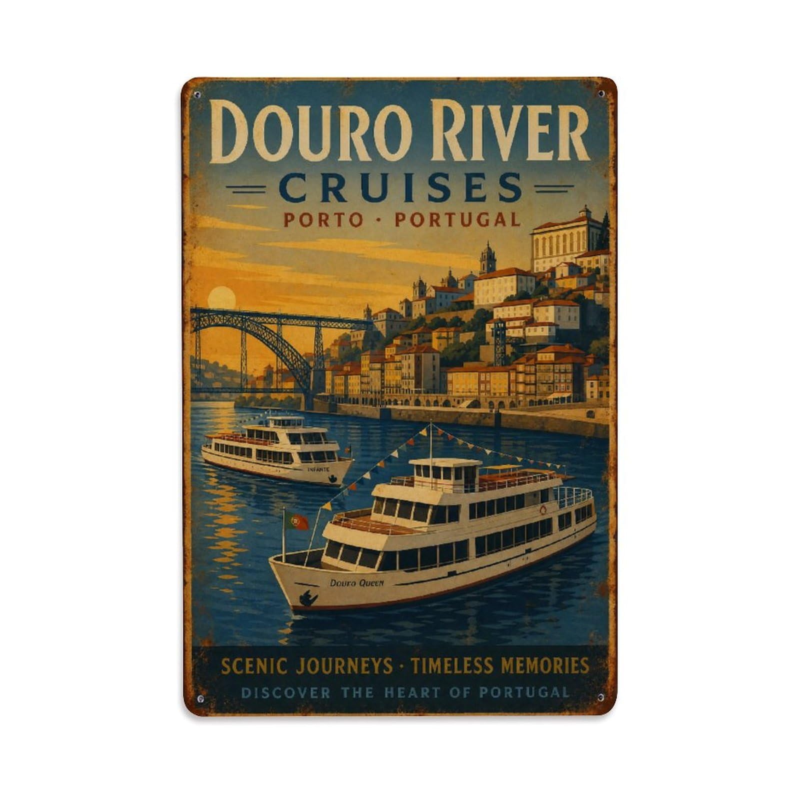 Huiyhb 8X12inch(20X30cm) Vintage Travel Douro River Cruise Boats Evening Light Portugal Metal Tin Sign