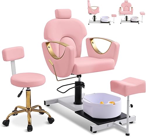 Miniatura 10 de KIGOTY Silla de pedicura sin fontanería con masaje de pies, spa y taburete, estación de pedicura reclinable de elevación hidráulica ajustable, silla