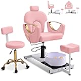 KIGOTY Pedicure Chair No Plumbing with Massage Foot Spa & Stool, Adjustable Hydraulic Lift Reclining Pedicure Station, 360° Swivel Nail Tech Pedicure Chair for Salon Spa Home, Pink-Gold