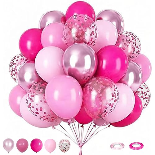60 Pcs 12 Inch Party Balloons,Rose Red and Glitter Pink Latex Balloons with Ribbon,Festival Party Balloons,Birthday Party,Wedding Balloon Arch Decorations