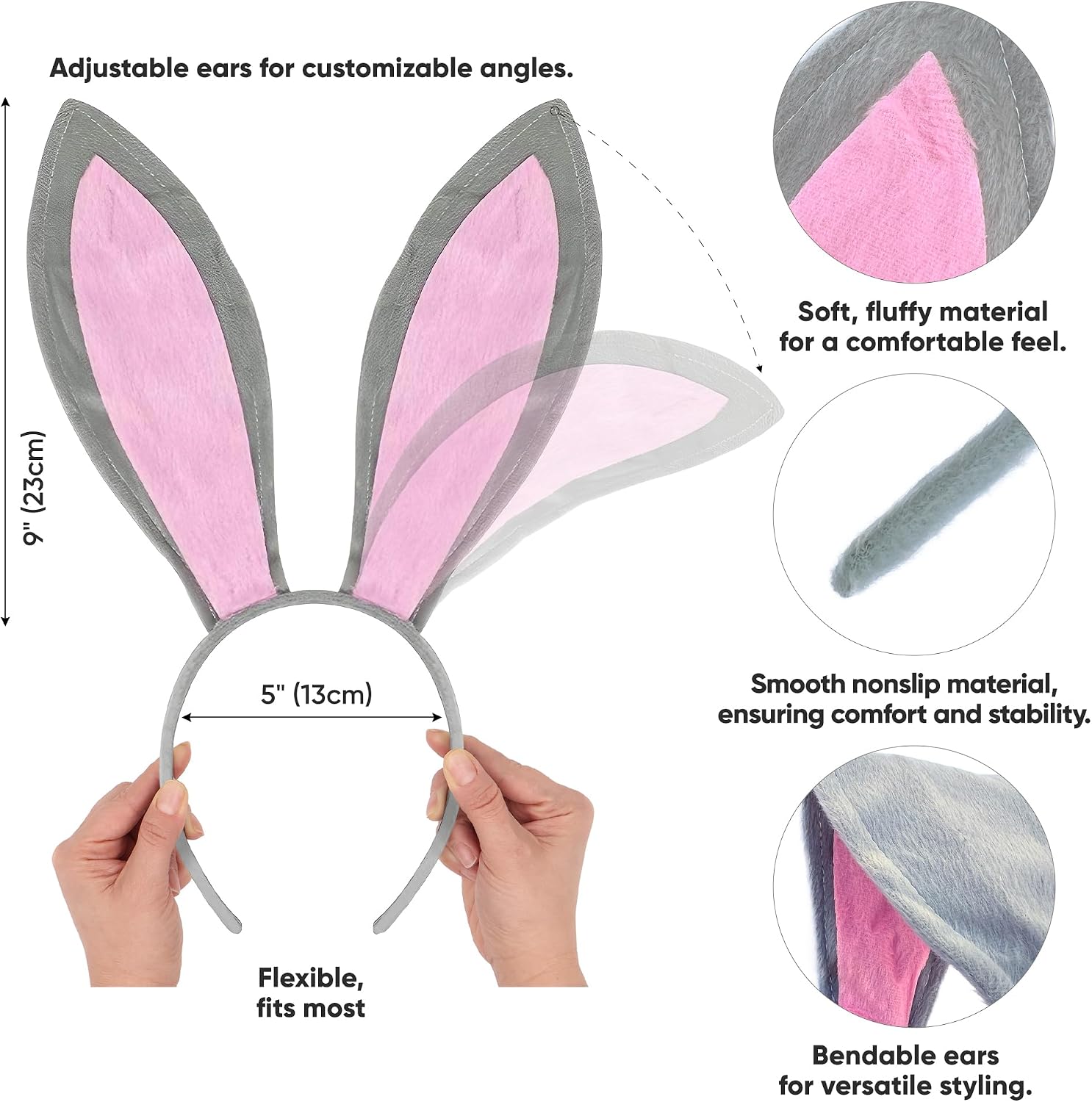 Funcredible Gray Bunny Ears Headband – Bendable Rabbit Ears for Adults – Soft Velvet Bunny Accessories for Parties and Concerts – Rabbit Costume for Women and Men