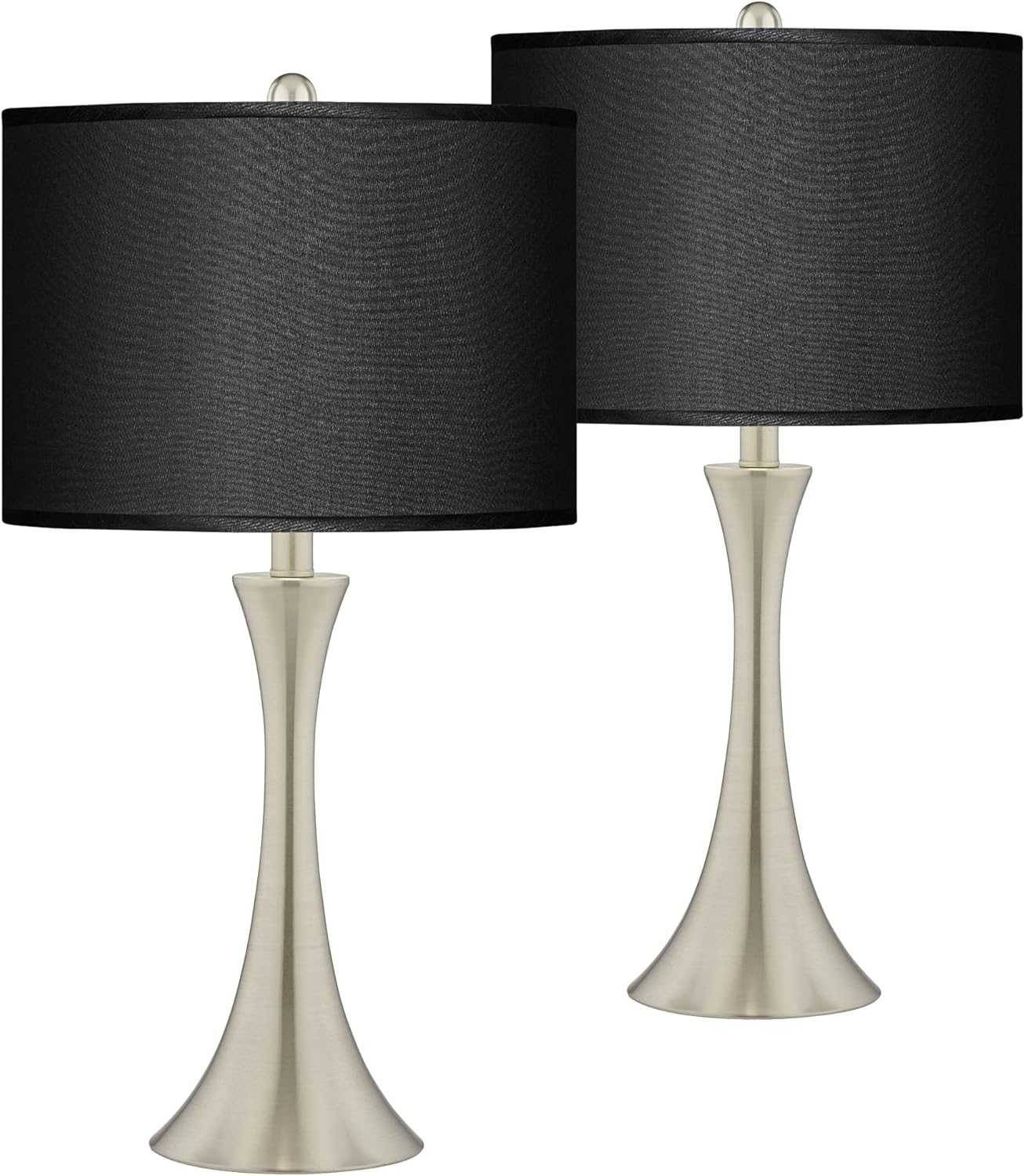Possini Euro Design Trish Modern Accent Table Lamps 24" High Set of 2 Touch LED Brushed Nickel Metal Black Faux Silk Drum Shades Decor for Living Room Bedroom House Bedside Nightstand Home Office