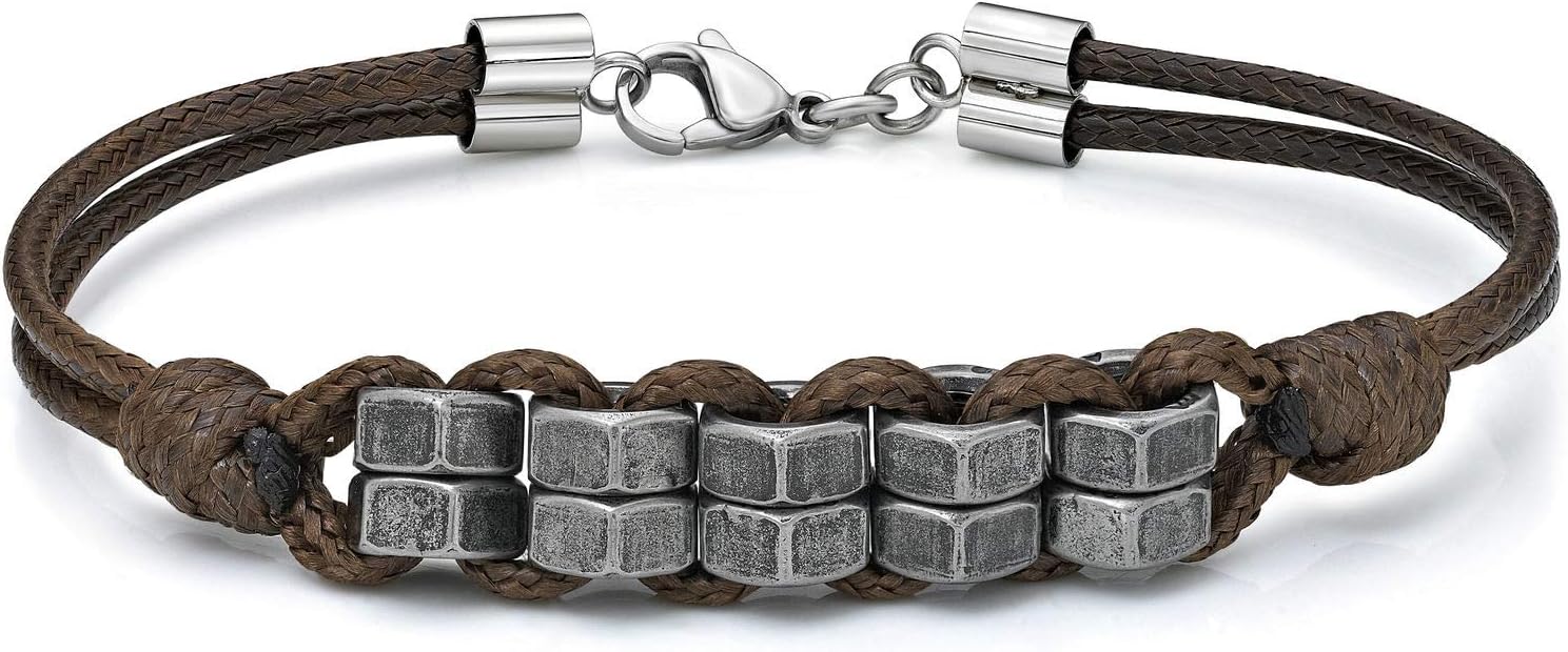 Metro Jewelry Brown Cord Double Strand Bracelet for Men in Stainless Steel Hex Nut - 8.25 Inches Long and 11 mm Wide with Lobster Claw Clasp