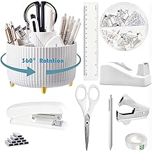 Desk Organizers and Accessories Set with 360-Degree Rotating Pen Holder, Tape Dispenser, Stapler, Staple Remover, 1000 Staples, Tape, Clips Set, Ruler, Scissor, Pen