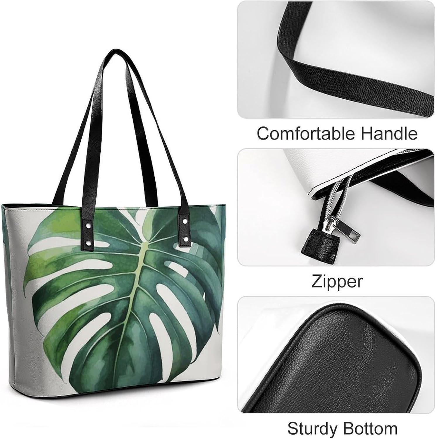 Watercolor Monstera Leaf Leather Lady's Handbag Crossbody Purse for Women Ladies Soft Shoulder Bag Medium Roomy Handbag Fashion Tote Top Handle Satchel
