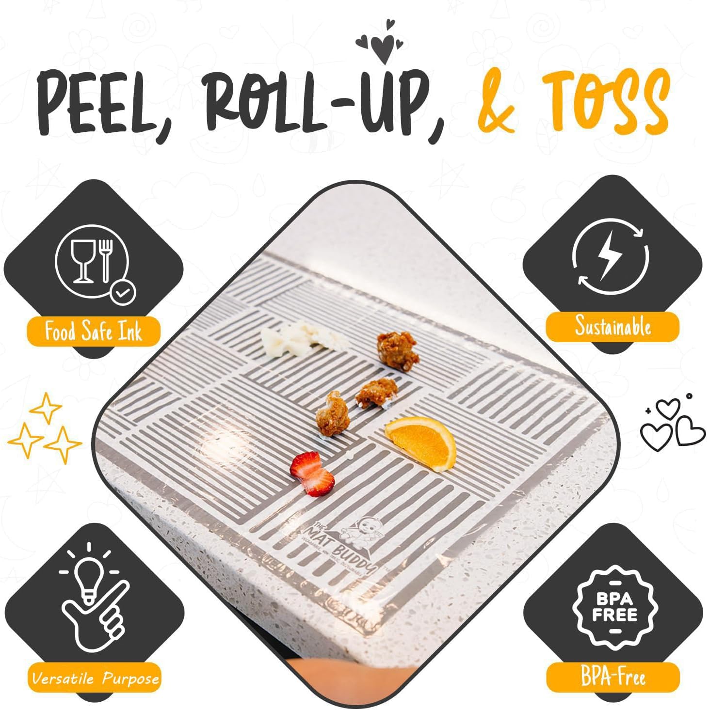 Disposable Place Mats with 4-Sided Adhesive, 30 Count - 100% Waterproof, Non-Toxic - Baby Led Weaning & Restaurant Supplies, 18”x12”
