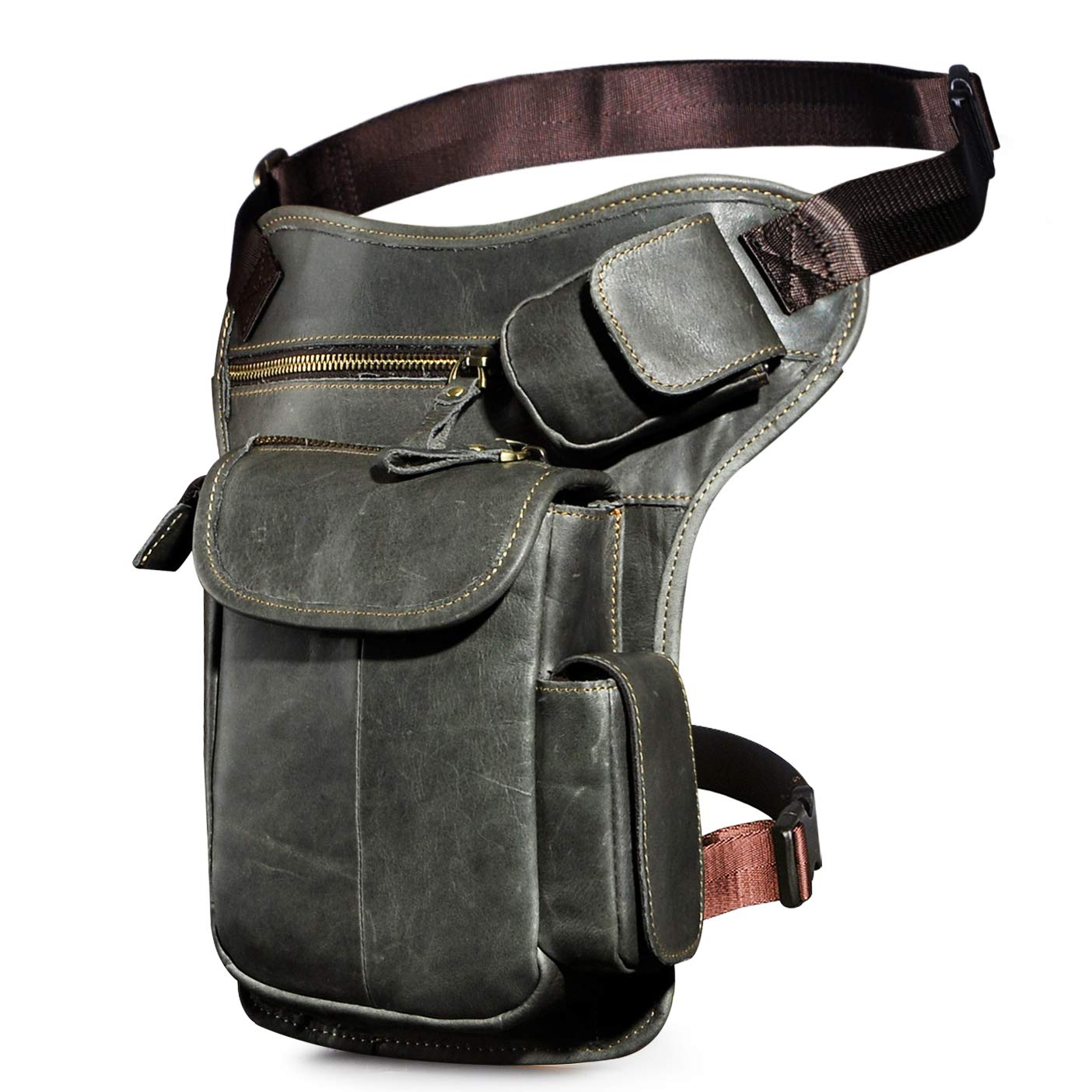 Le'aokuu Herren Echtes Leder Tasche Beinbeutel Beintasche Außenbeintasche Hüfttasche Drop Leg Thigh Bag Motorrad Tactical Messenger Bag 3106