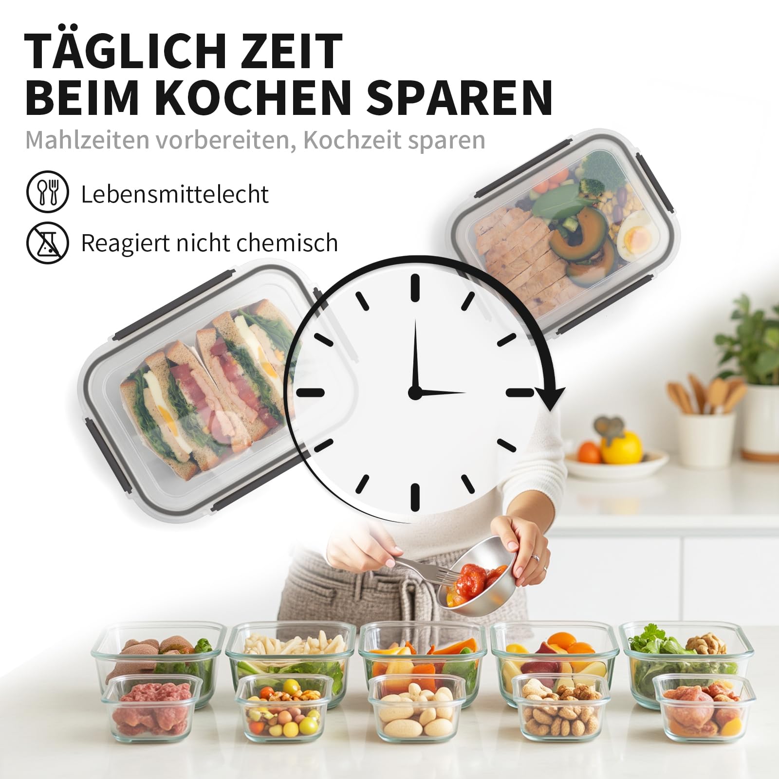 Juego de recipientes de cristal con tapa, 20 piezas (10 recipientes, 10 tapas), aptos para lavavajillas, microondas y congelador, a prueba de fugas, modernos, recipientes para alimentos, recipientes