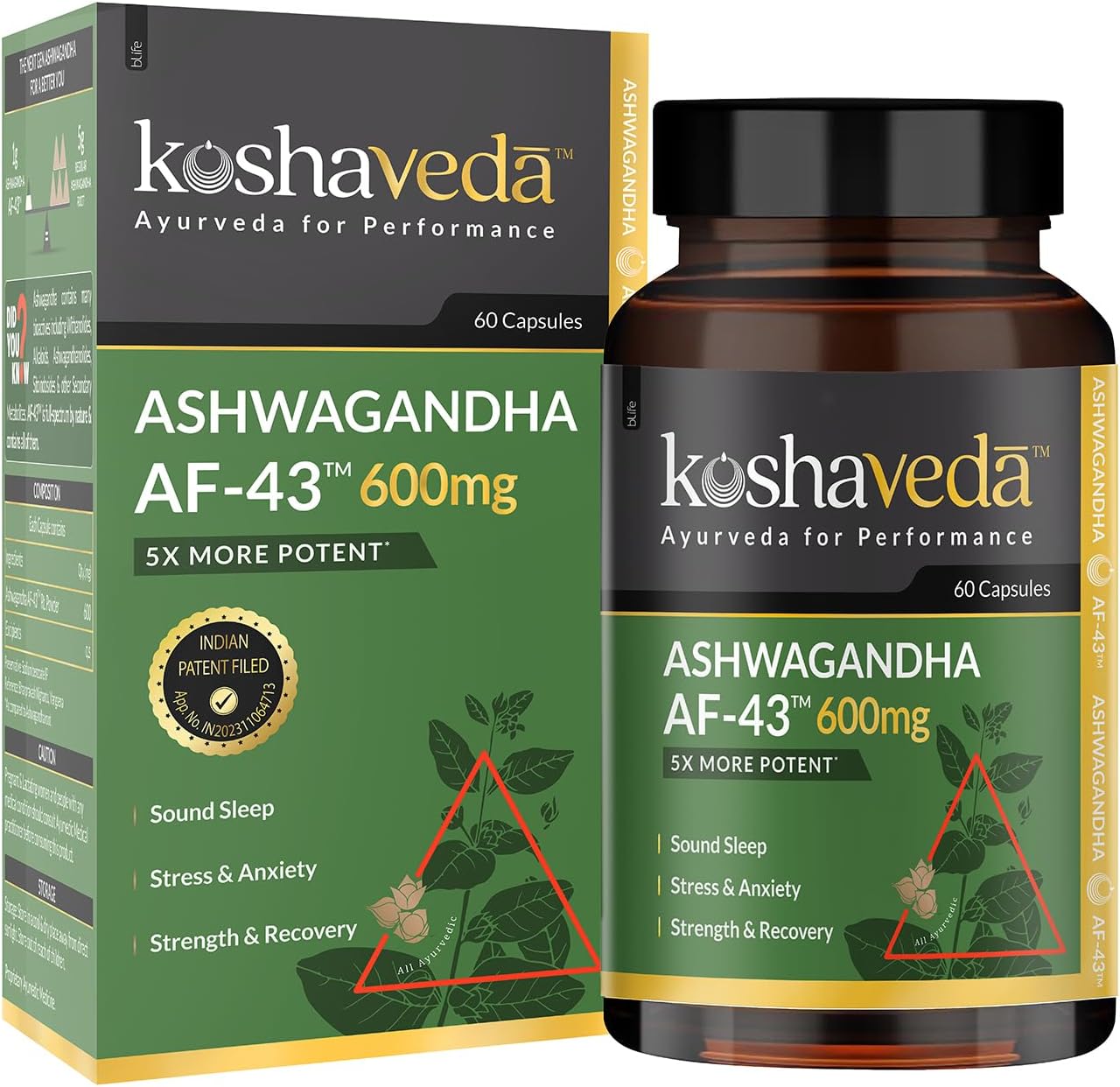 Koshaveda Ashwagandha AF-43 | 600mg - 60 Capsules | For Sound Sleep, Managing Daily Stress, Strength & Recovery | For Both Men & Women