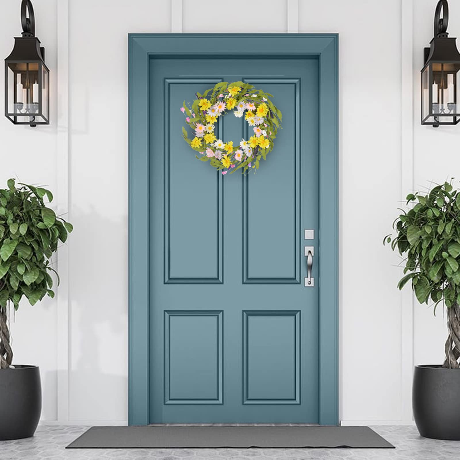 Ghirlanda Di Fiori Artificiali Primaverile 50,8 Cm - Margherite Viola, Blu E Bianche Con Bacche, Per Porta, Parete, Finestra