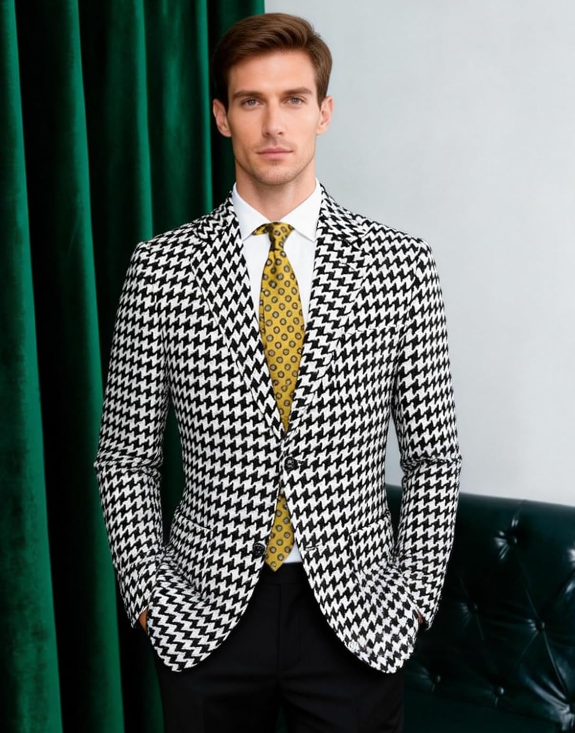 VENNYNG Men's Houndstooth Blazer Suit Jacket Classic Tweed Texture Sport Coat Timeless Pattern Business Casual