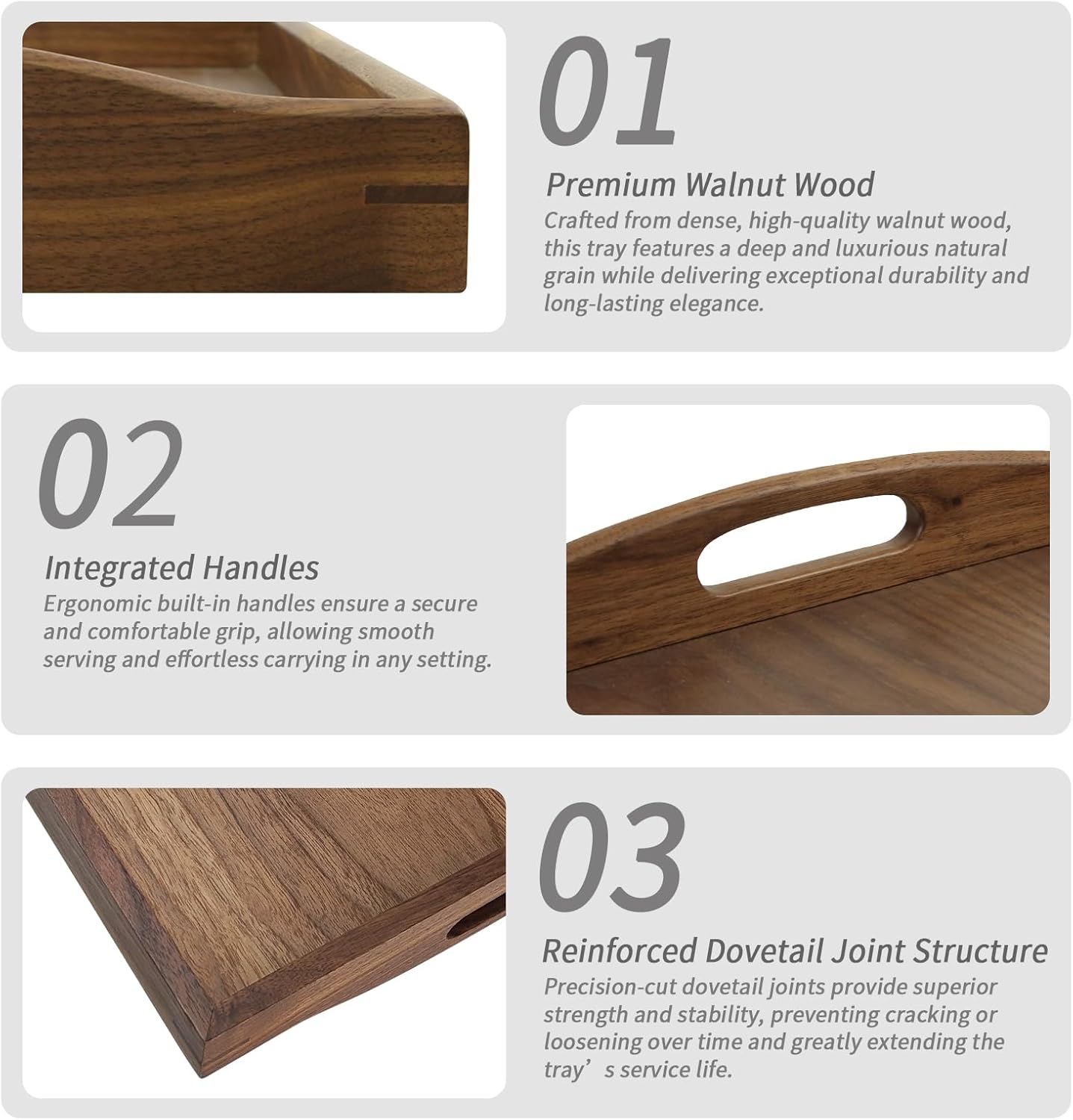 14.5x10Inches Black Walnut Wooden Ottoman Tray with Handles,Square Coffee Table Serving Tray for Home Decor,Couch Table for Party,Patio Breakfast Trays for Bed no Legs