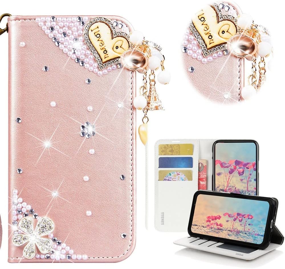 STENES Bling Wallet Phone Case Compatible with iPhone 7 Plus/iPhone 8 Plus - Stylish - 3D Handmade Heart Pendant Flowers Design Leather Cover with Screen Protector & Neck Strap Lanyard - Pink