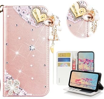 Bling Wallet Phone Case Compatible with Samsung Galaxy A80 - Stylish - 3D Handmade Heart Pendant Flowers Rhinstone Diamond Design Leather Cover Case - Pink