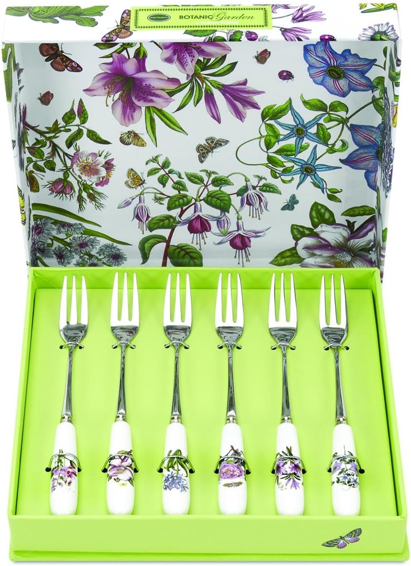 Portmeirion Botanic Garden 6" Pastry Forks (Set of 6) - Assorted Floral Motifs, Stainless Steel with Porcelain Handles, Chip-Resistant Glaze - Elegant Tableware for Sunday Brunch or Afternoon Tea