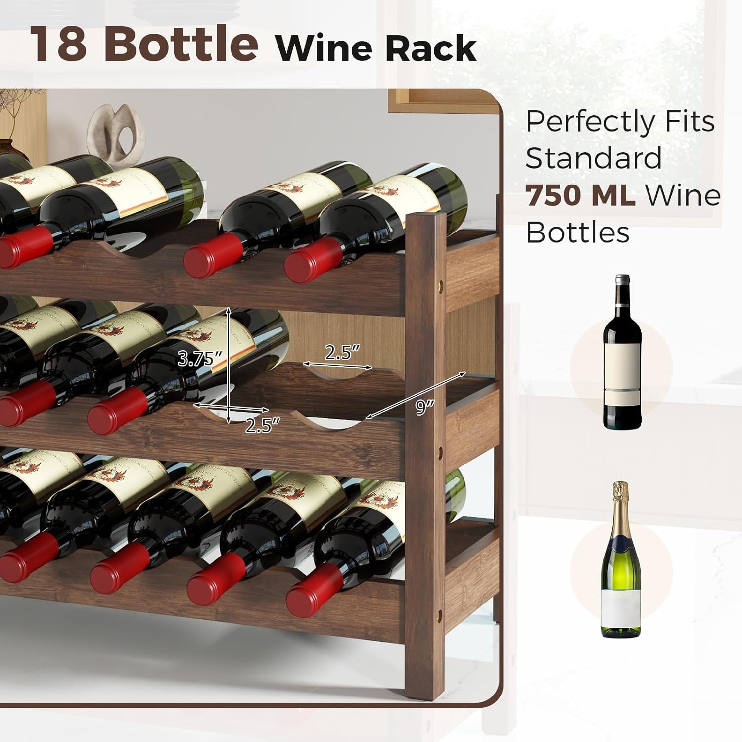 COSTWAY 3-Tier Bamboo Wine Rack, 18-Bottle Tabletop Wine Holder with Wave Slot, Freestanding Countertop Wine Bottle Organizer for Kitchen, Pantry, Pub & Wine Cellar, Brown (24.5L x 9.5W x 15H)