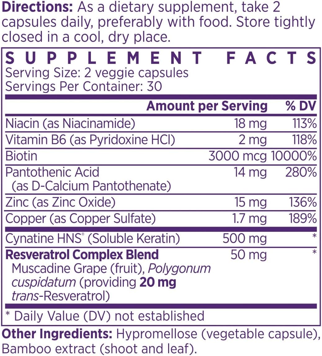 NAOMI Keratin Vegan Hair Growth Supplement for Women, Biotin (Vitamin B) & Zinc, Soluble Keratin, Strong Hair & Nails Vitamins, Added Resveratrol for Healthy Aging