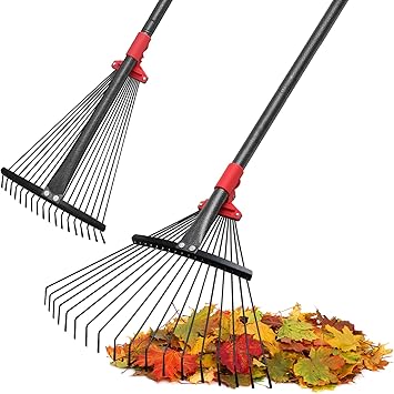 Rake for Leaves, Adjustable Garden Leaf Rakes for Lawns Heavy Duty, Metal Rake with 18 Clog-Free Tines, 9-17 Collapsible Head, 6 ft Long Handle, Yard Tools for Gardening Camping Fast Cleanup