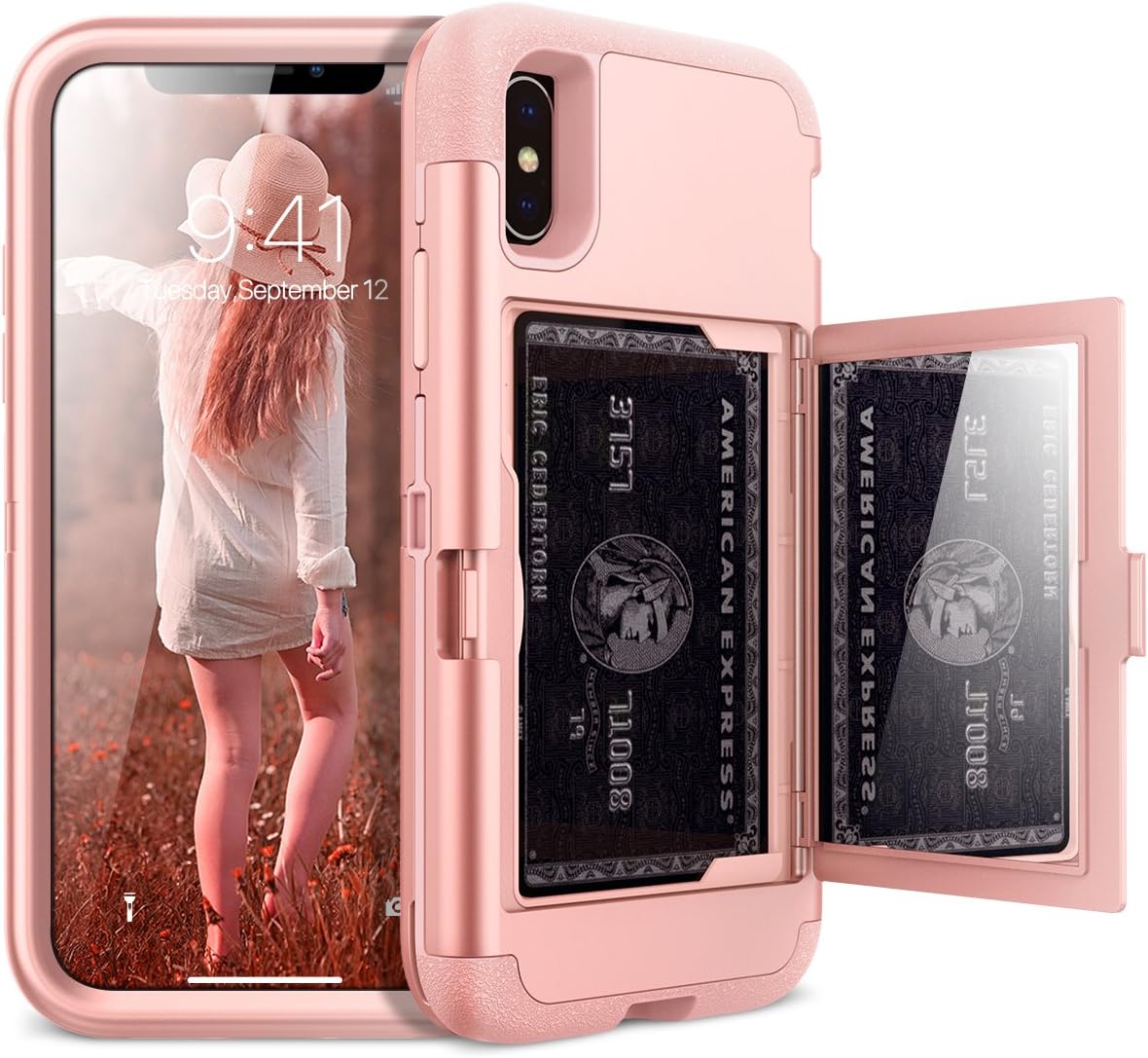 WeLoveCase iPhone X/XS Wallet Case Defender Wallet Design with Hidden Back Mirror and Card Holder 3 in 1 Hybrid Heavy Duty Protection Shockproof Armor Protective Case for iPhone X/XS - Rose Gold