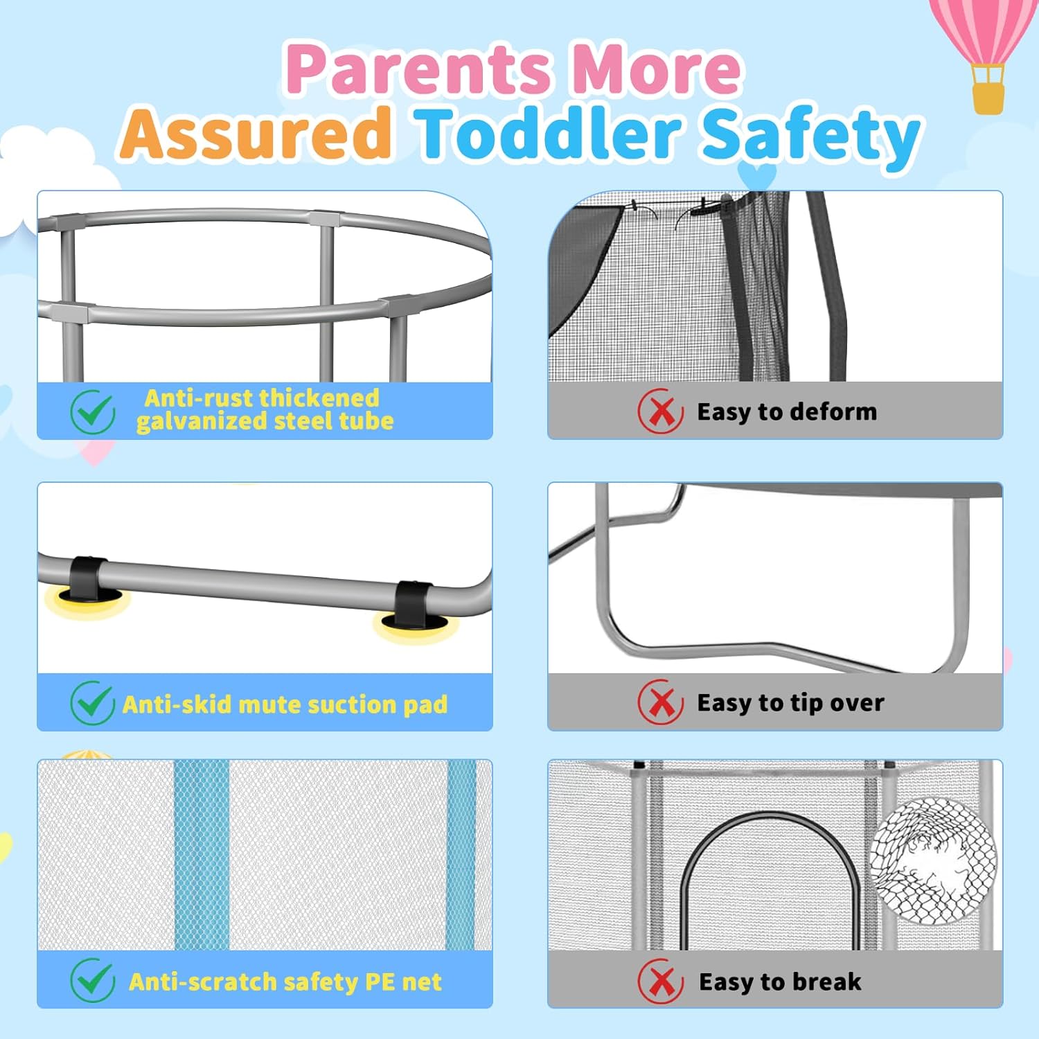 HomeCare 55" Trampoline for Kids, 440lbs Capacity ASTM-Approved Mini Toddler Trampoline with Safety Enclosure Net,4 in 1 Adjustable Gymnastics Bar & Toys, Indoor & Outdoor, Gifts for Boys & Girls Age