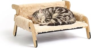 Relaxdays cat bed, soft and fluffy raised hammock chair, beige/natural | HxWxD: 28.5x53x45.5cm, pine cat bed